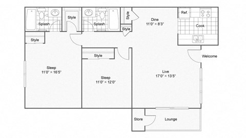 Two Bedroom B3 Floor Plan at The District